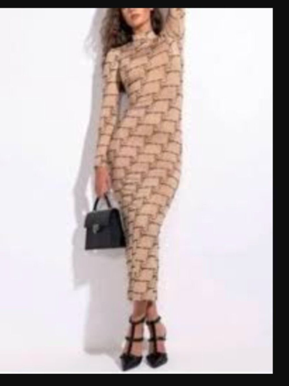 AKIRA Eyes On Me Tan Black Logo Print Mock Neck Maxi Dress Size XL